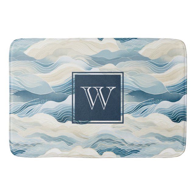 Monogram Tranquil Blue and White Wave Pattern Bath Bath Mat (Front)