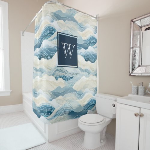 Monogram Tranquil Blue and White Wave Pattern Show Shower Curtain