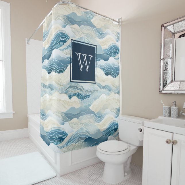 Monogram Tranquil Blue and White Wave Pattern Show Shower Curtain (In Situ)