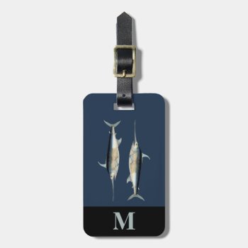 Monogram Travel Blue Gray Swordfish Fishes Luggage Tag by ImageRecollections at Zazzle