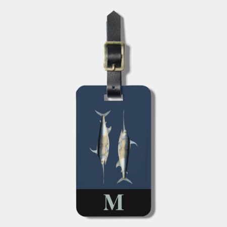 Monogram Travel Blue Gray Swordfish Fishes Luggage Tag