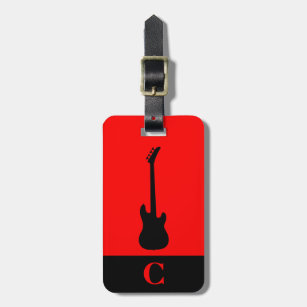 Monogram Travel Music Electric Bass Guitar Red Luggage Tag