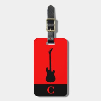 Monogram Travel Music Electric Bass Guitar Red Luggage Tag by MtotheFifthPower at Zazzle