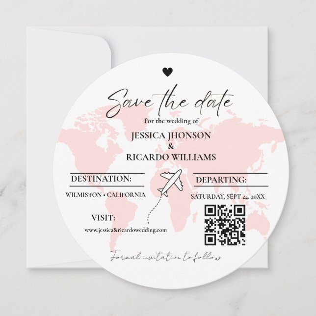 Monogram travel wedding theme save the date round invitation (Front)