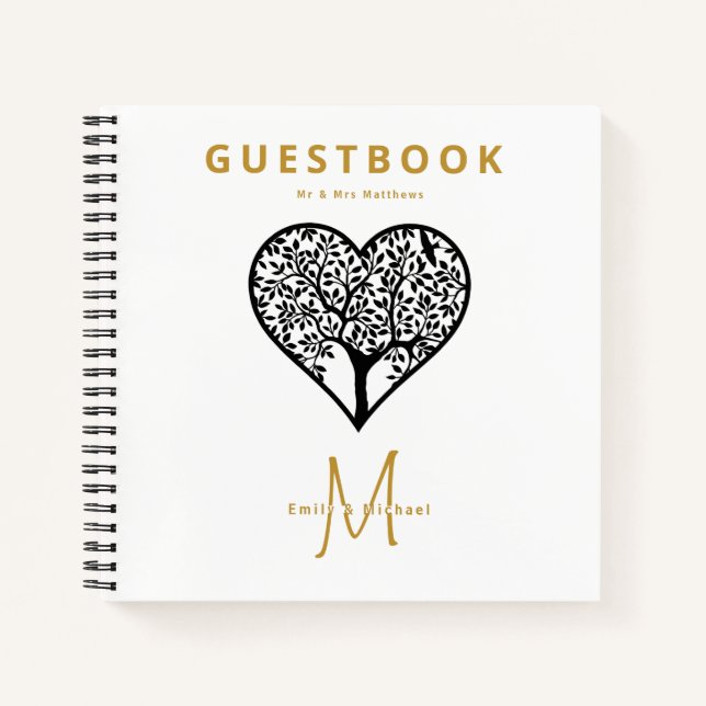 Monogram Tree of Life Wedding Guest Book Gold Blac (Front)