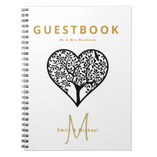 Monogram Tree of Life Wedding Guest Book Gold Blac
