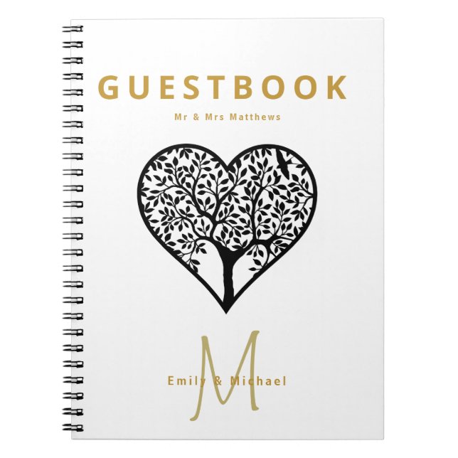 Monogram Tree of Life Wedding Guest Book Gold Blac (Front)