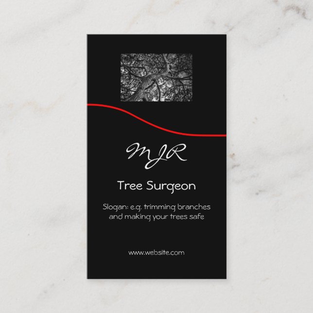 Monogram, Tree Surgery Business, red swoosh Business Card (Front)