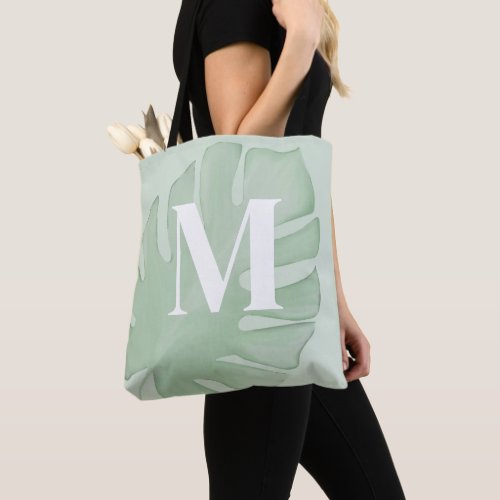 Monogram Trendy Initial Stylish Green Palm Leaf Tote Bag