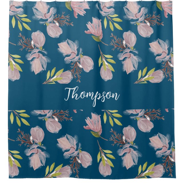 Monogram trendy navy blue floral pattern stylish shower curtain (Front)