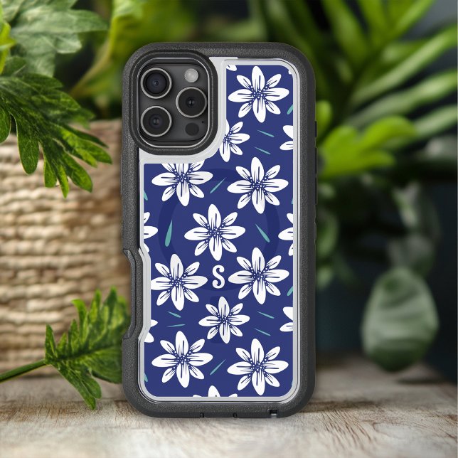 Monogram Trendy Tropical Blue White Floral Otterbox iPhone Case (Creator Uploaded)