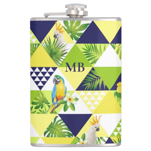 Monogram Trendy Tropical Cockatoo Parrot Floral Flask