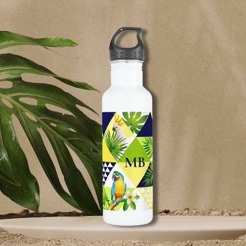 Monogram Trendy Tropical Cockatoo Parrot Floral Stainless Steel Water Bottle