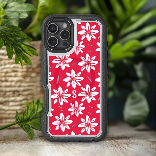Monogram Trendy Tropical Red White Floral Otterbox iPhone Case (Creator Uploaded)