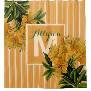 Monogram Trendy Turmeric Stripes Vintage Floral Shower Curtain