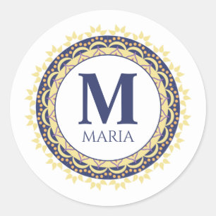 Monogram Trendy Typography Chic blue Name Classic Round Sticker
