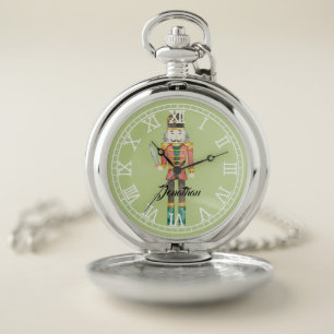 Monogram trendy watercolor Nutcracker Green Kids Pocket Watch