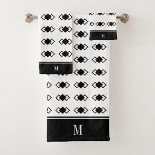 Monogram & triple diamond pattern in black & white bath towel set