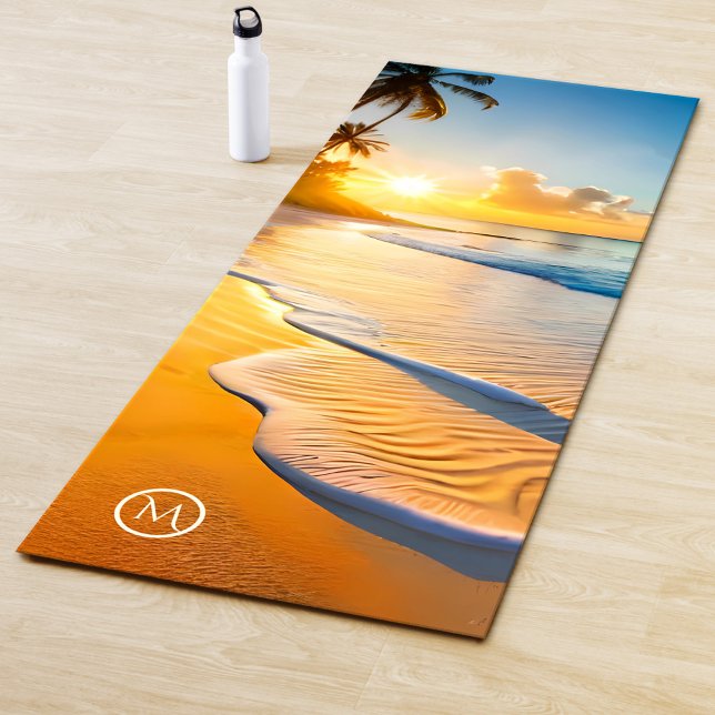 Monogram Tropical Beach Waves Sunset Yoga Mat (Yoga mat featuring a painting of a sunset on a relaxing tropical beach with your custom monogram)