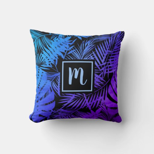 Monogram tropical blue purple ombre leaf pattern throw pillow