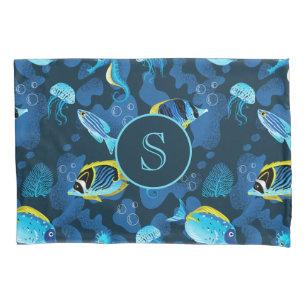 Monogram Tropical Blue Yellow Fishes Illustration Pillow Case
