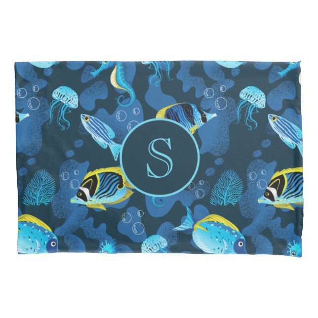 Monogram Tropical Blue Yellow Fishes Illustration Pillow Case (Front)
