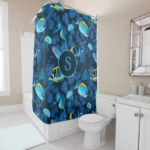 Monogram Tropical Blue Yellow Fishes Illustration Shower Curtain