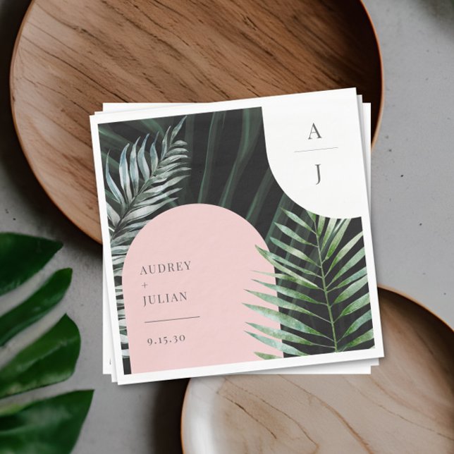 Monogram Tropical Blush Pink Arch Palm Leaves Napkins (Creator Uploaded)