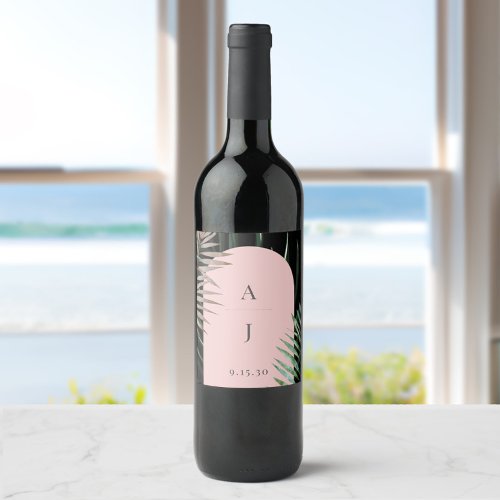 Monogram Tropical Blush Pink Arch Palm Leaves Wine Label