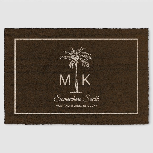 Monogram Tropical Coconut Palm Tree Custom Fiber Doormat (Front)