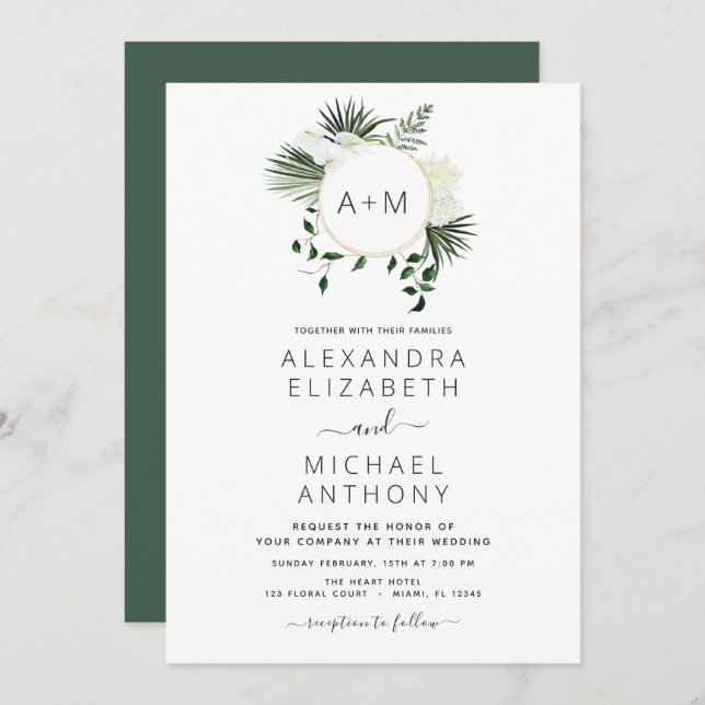 Monogram Tropical Emerald Green Wedding Invitation (Front/Back)