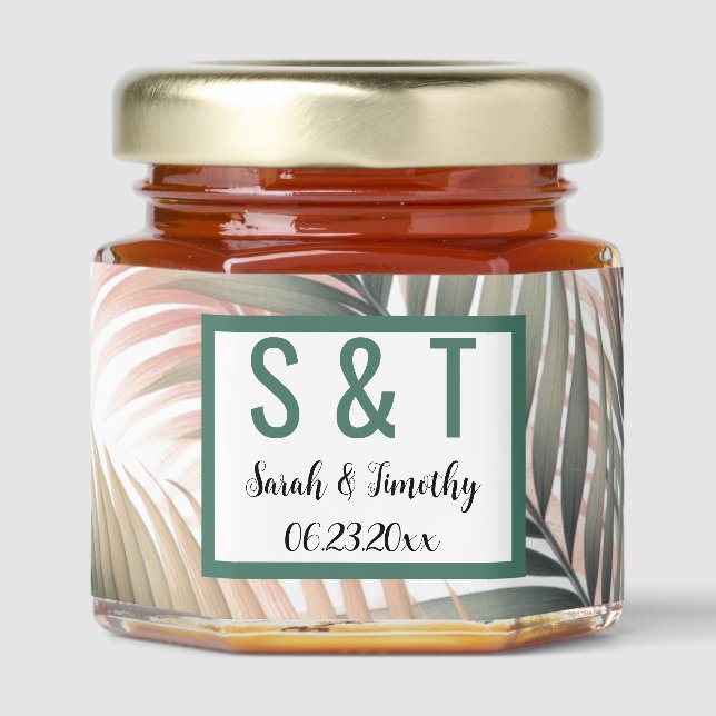 Monogram Tropical Ferns Green Blush Wedding  Honey Jar Favors (Front)