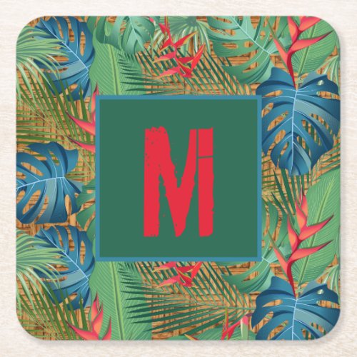 Monogram Tropical Floral on Wicker Print Square Paper Coaster