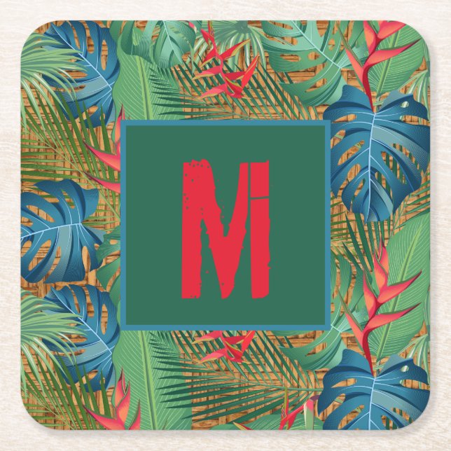 Monogram Tropical Floral on Wicker Print Square Paper Coaster (Front)