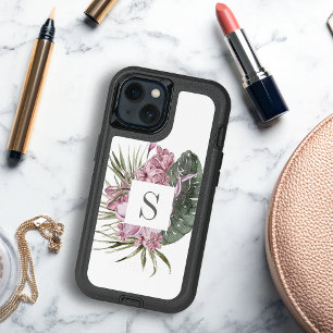Monogram Tropical Floral Watercolor Pink Green iPhone 13 Case