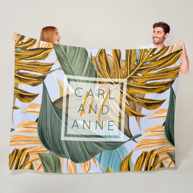 Monogram Tropical Foliage Botanical Leaf Pattern Fleece Blanket (In Situ)