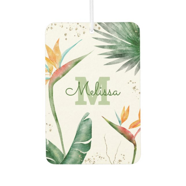Monogram Tropical Gold Glitter Palm Foliage Script Air Freshener (Front)