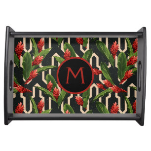 Monogram Tropical Greenery Geometric Pattern Serving Tray