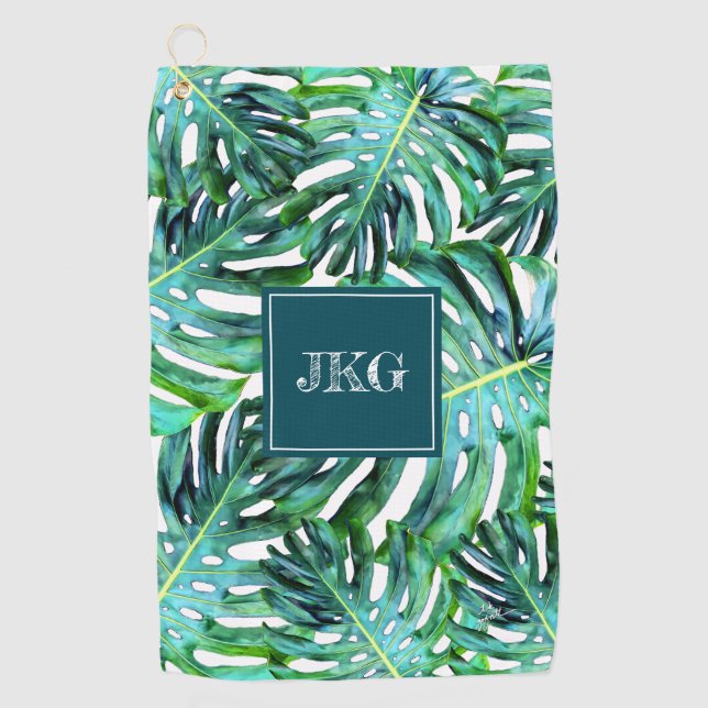 Monogram Tropical Greenery Pattern Monstera Leaf Golf Towel (Front)