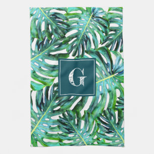 Monogram Tropical Greenery Pattern Monstera Leaf Kitchen Towel