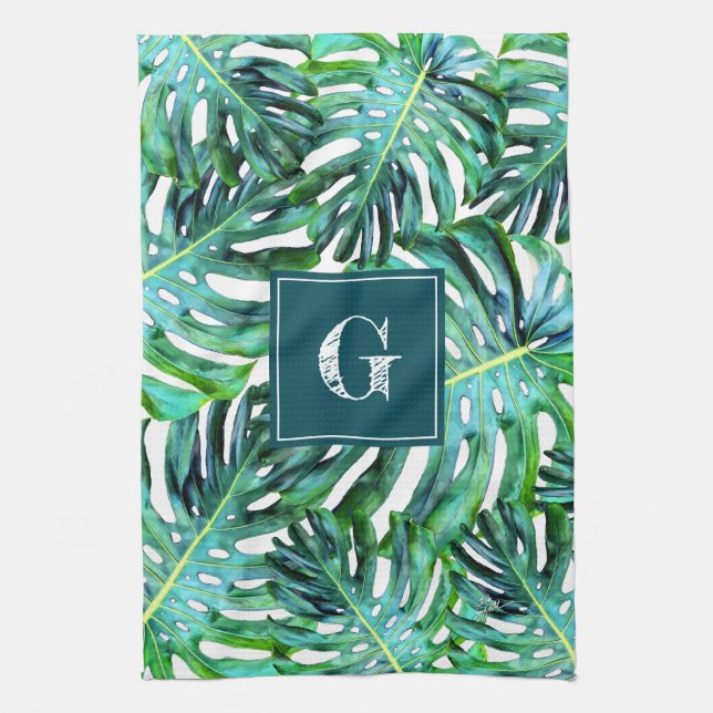 Monogram Tropical Greenery Pattern Monstera Leaf Kitchen Towel (Vertical)