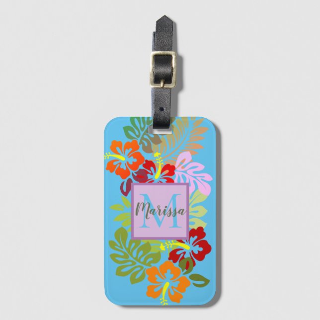Monogram Tropical Hibiscus Flower  Luggage Tag (Front Vertical)