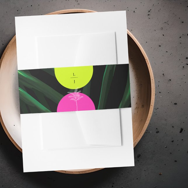 Monogram Tropical Neon Arches Palm Tree Wedding Invitation Belly Band (Creator Uploaded)