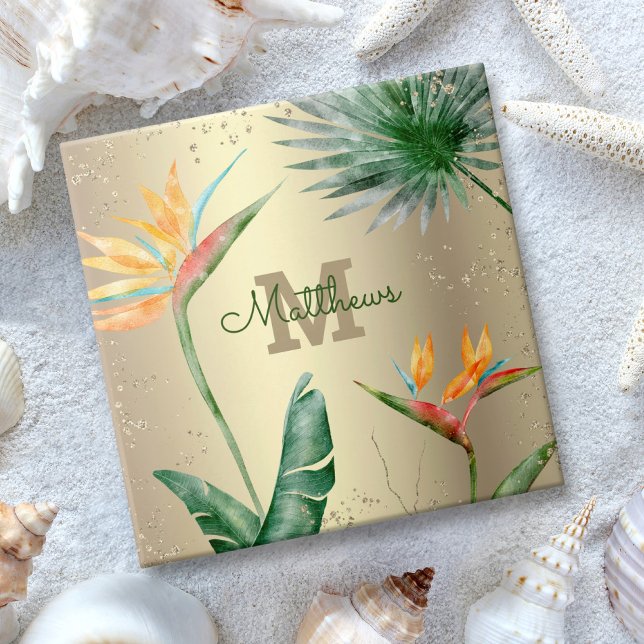 Monogram Tropical Palm Foliage Floral Script Gold  Ceramic Tile (Creator Uploaded)