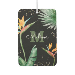 Monogram Tropical Palm Foliage Gold Black Script Air Freshener