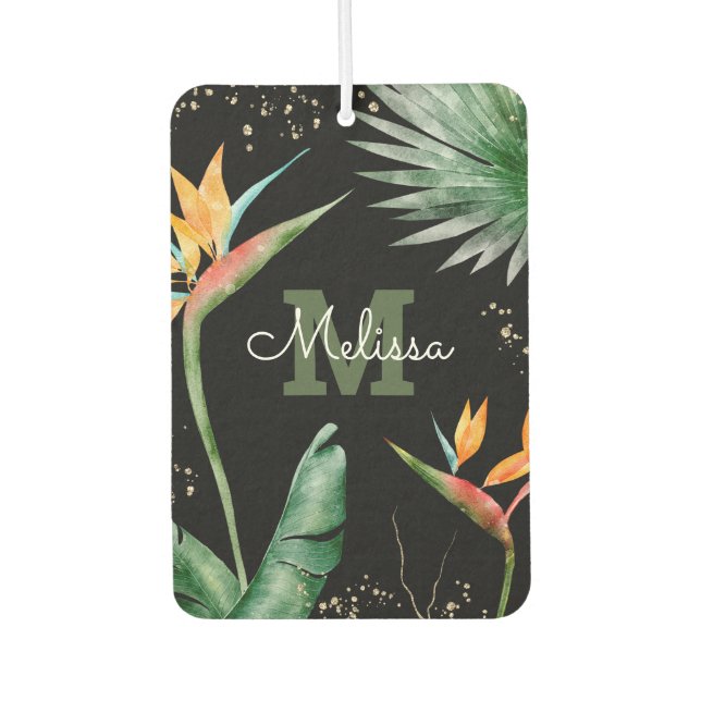 Monogram Tropical Palm Foliage Gold Black Script Air Freshener (Front)