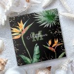 Monogram Tropical Palm Foliage Script Gold Black Ceramic Tile<br><div class="desc">Bring a bit of elegant tropical hospitality to your home all year long whenever you use this chic, modern custom monogram ceramic tile. Stunning, sophisticated, colorful, tropical watercolor birds of paradise flowers, faux gold glitter, and personalized calligraphy script with a bold monogram initial, overlay a dramatic black background. Personalize with...</div>