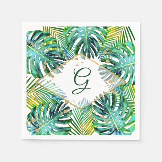 Monogram Tropical Palm Leaf Trendy Typography Napkins (Front)