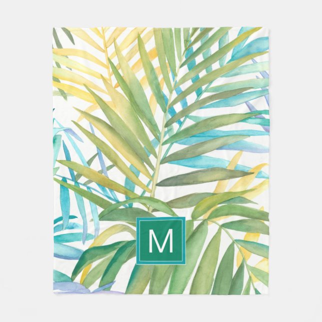 Monogram | Tropical Palm Leaves Fleece Blanket (Front)