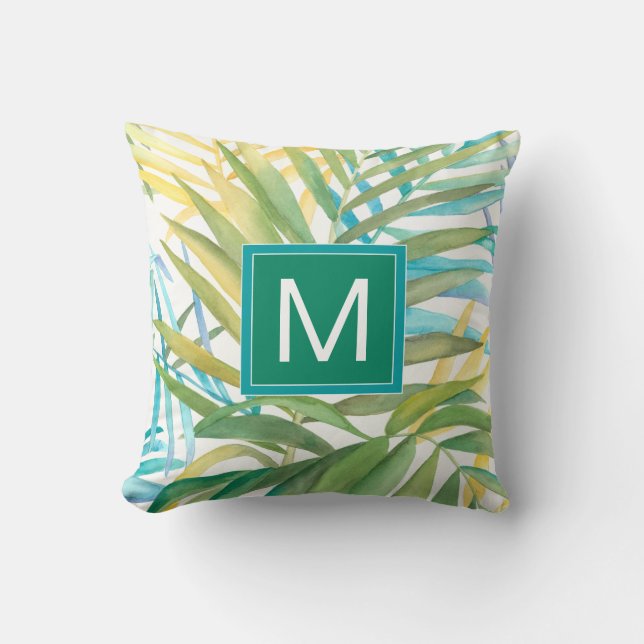 Monogram | Tropical Palm Leaves Throw Pillow (Front)